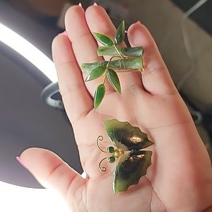 Vintage 60's jade brooches😍💚. Bamboo & butterfly.